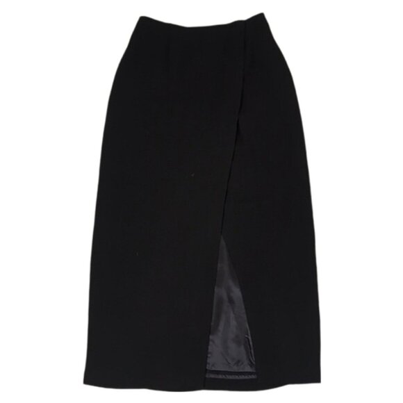 Vintage 80s Anne Klein II Midi Wrap Skirt Thigh Slit Acetate Rayon Pleated Black - Picture 1 of 12